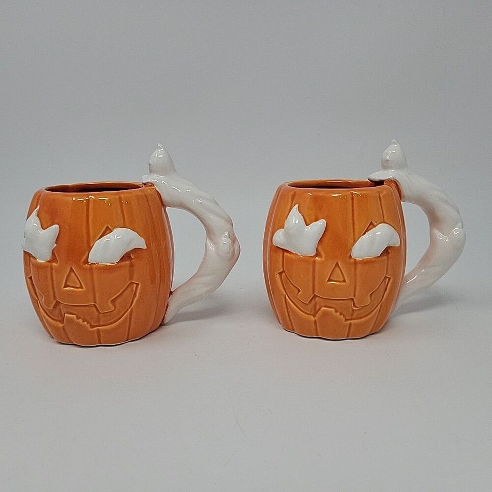 Vintage Pacific Rim Halloween Pumpkin Mug With Ghost Handle Set of 2